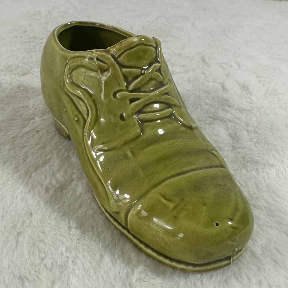 Vintage ceramic green glazed fancy shoe planter knick Knack holder Made in Japan